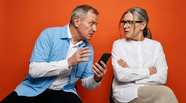 Senior man showing smartphone to woman against bright orange backdrop