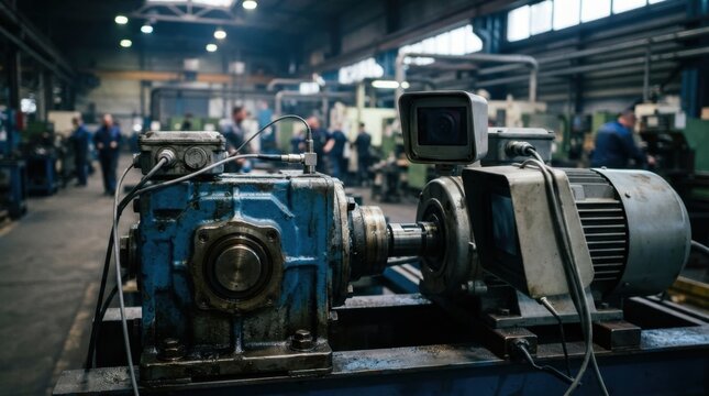 AI predictive maintenance setup with electric motor, vibration sensor, thermal camera, gearbox housing, and lubricated bearing assembly.