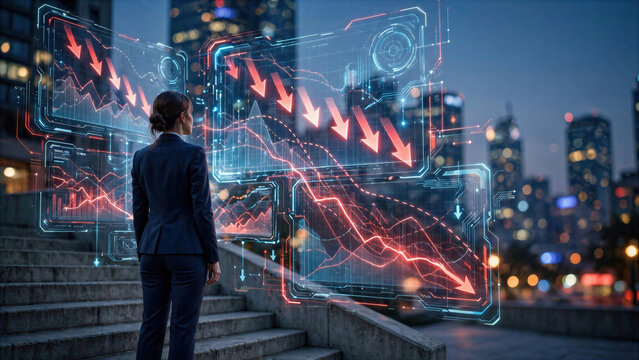 Businesswoman facing a falling market chart