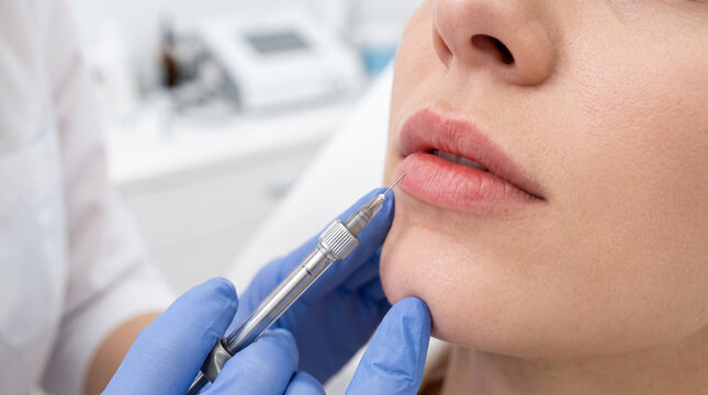 A close-up of a medical specialist in protective gear administering a hyaluronic acid lip augmentation procedure to a young woman lying on a treatment couch in a bright aesthetic salon.
