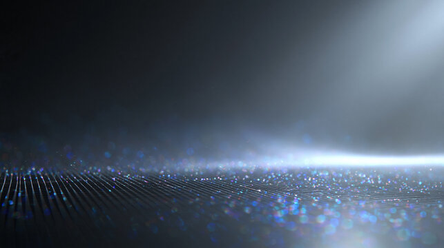 Futuristic Stage with Spotlight and Glowing Particle Grid Background