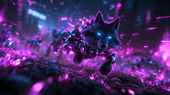 Cybernetic Wolf Running with Glowing Neon Purple Energy