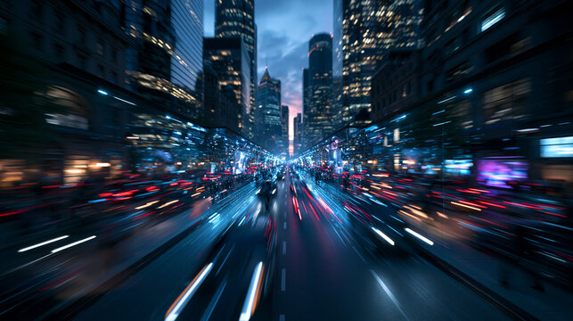 Blurred Night Traffic Moving Fast Through Modern City Street