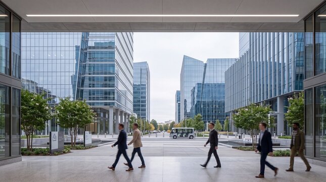 Business Professionals Walking Outside Modern Corporate Office Buildings