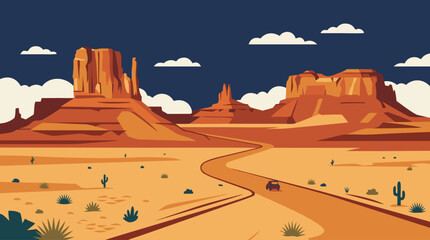 Fototapeta premium A Scenic Road Trip Driving Adventure Through a Vast Desert Landscape with Iconic Red Rock Formations Under a Clear Dark Blue Sky Vector Illustration