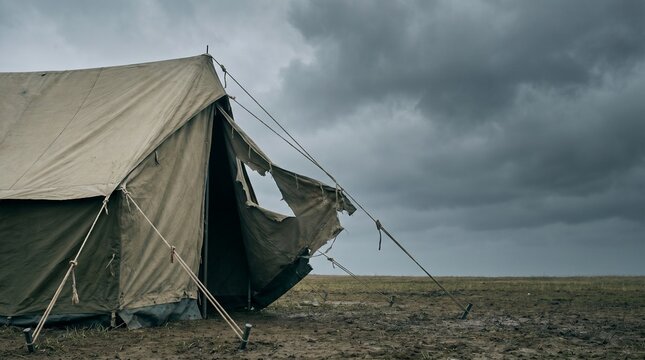 Tattered camping tent on barren ground under storm clouds  