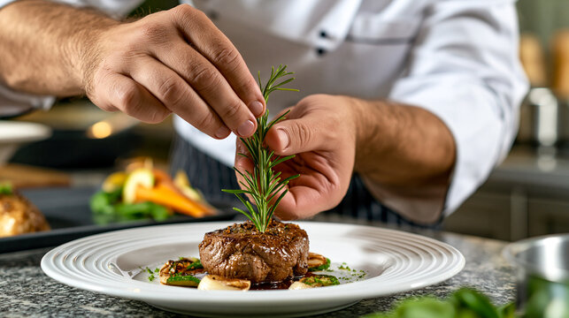 Professional chef hands decorating a grilled beef steak fillet mignon with a fresh rosemary sprig on a white plate, showcasing gourmet restaurant food plating art concept