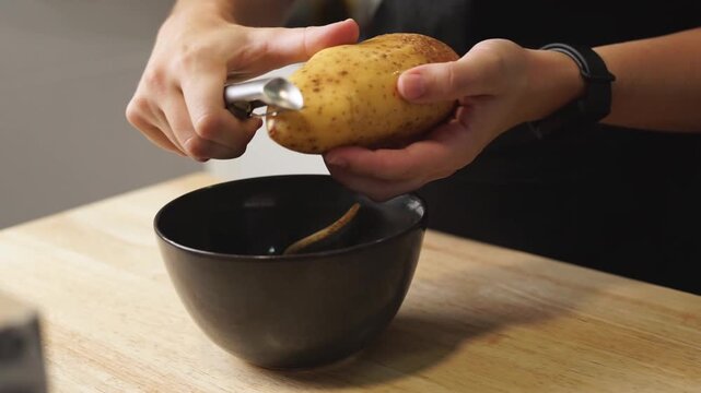 Hands peeling a potato with a peeler leaving the peels on a dark bowl. 