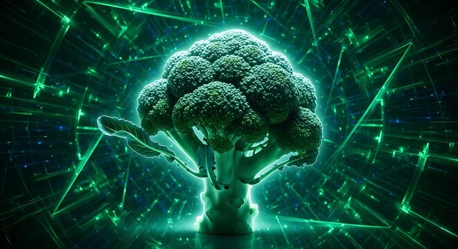 Fresh green broccoli cabbage head glowing sci fi energy background concept with sci fi broccoli vegetable