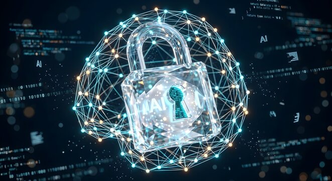 Glowing crystal padlock wrapped inside a 3D quantum neural network mesh, cybersecurity and data encryption concept, digital AI illustration