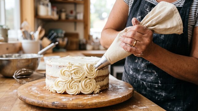 Cake Decorating Masterpiece: A baker's hands delicately pipe frosting onto a layered cake, creating intricate floral patterns. The scene is set in a warm, rustic kitchen.