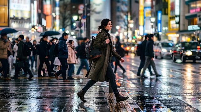Urban Commute Woman Walking With Umbrella