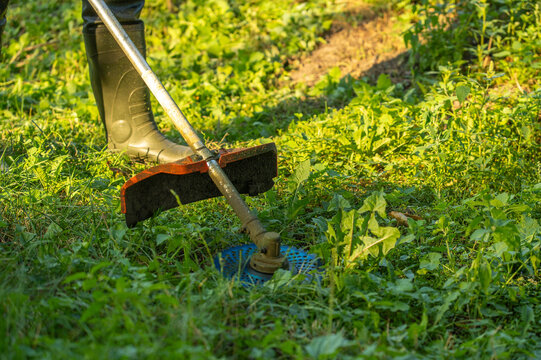 A person is operating a grass trimmer in a lush green field. It is a sunny afternoon and the grass is being cut down to maintain the area