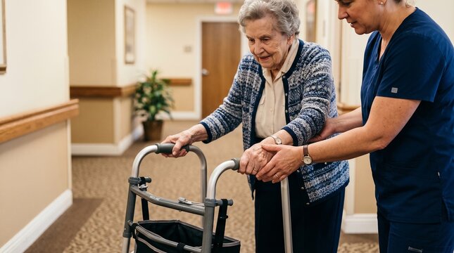 Elderly Care Assistance: A caring nurse assists an elderly woman with a walker in a comfortable, well-lit hallway, embodying compassion and support in senior living.