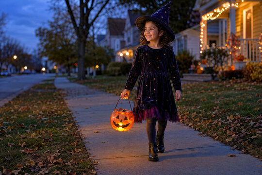 Little Girl Dressed as a Witch Trick or Treating with a Glowing Pumpkin Bucket on Halloween Night