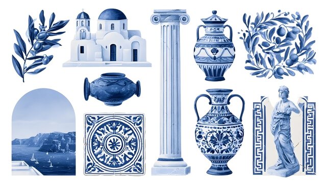 Aegean and Mediterranean Greek summer. Vector blue illustrations of ancient architecture in Santorini, sea, olive branch, amphora vase, statue, ceramic tile, travel to Greece, column, meander