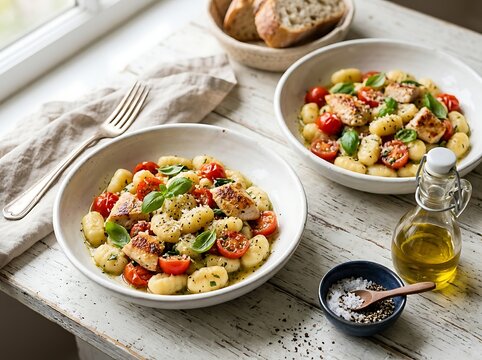 Pan Seared Potato Gnocchi with Grilled Chicken Cherry Tomatoes and Basil Pesto Served in Ceramic Bowls on Rustic Wooden Table
