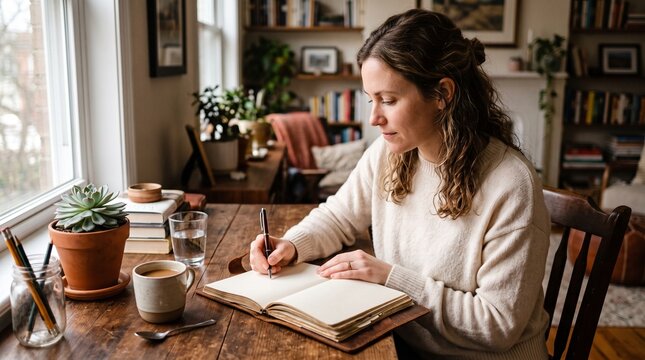 Woman Writing in Journal at Desk: A young woman with her hair up, wearing a cozy sweater, is focused on writing in an open journal on a wooden desk, a cup of coffee and a glass of water beside her.
