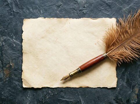 Vintage Feather Quill Pen Resting on Blank Aged Parchment Paper Mockup Isolated on Dark Slate Stone Surface Top View