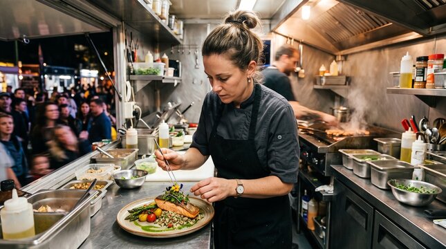 Chef's Precision: A focused chef meticulously plates a gourmet dish in a bustling food truck kitchen, surrounded by hungry patrons eager for a taste.