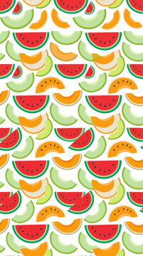 Seamless fruit pattern with watermelon and melon slices on white background