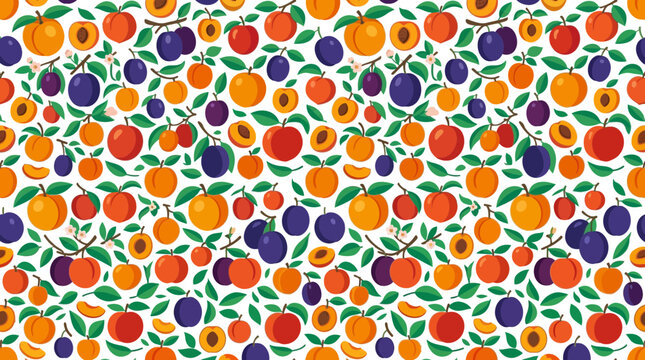 Flat vector seamless pattern of colorful summer stone fruits