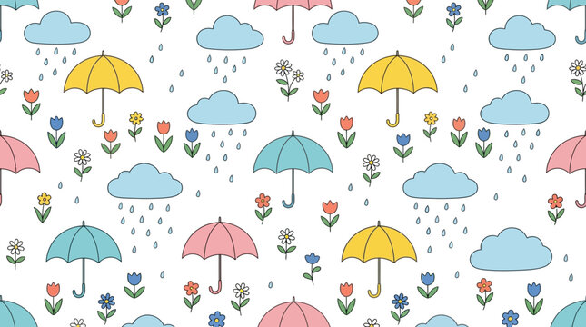 Seamless pattern with colorful umbrellas rain clouds and spring flowers