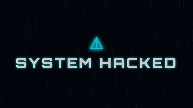 System hacked text message with glowing blue triangle icon on dark digital binary matrix background