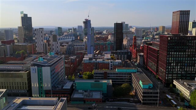 Aerial Video of Oxford Road Corridor, Mancunian Way and Manchester Skyline