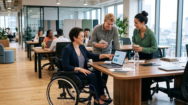 Inclusive Workplace Collaboration: A woman in a wheelchair leads a discussion with colleagues in a modern, open-plan office, highlighting diversity and teamwork.