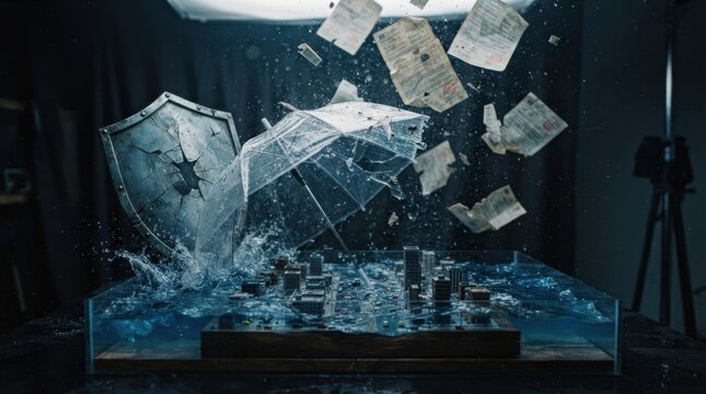 Transparent umbrella, cracked shield, policy documents, and city model exposed to rising flood water