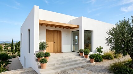 Fototapeta premium Modern white house exterior with wooden door and olive trees