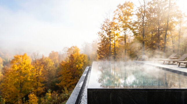 Pristine, steaming outdoor infinity pool at a luxury spa resort during late autumn