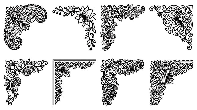 Collection of eight decorative floral and paisley corner elements in black and white.