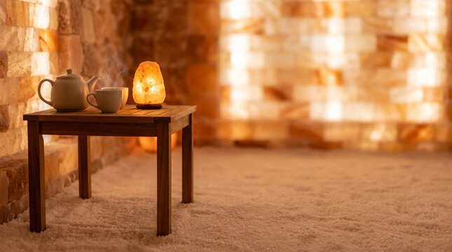 Low teak wood side table placed inside a glowing salt cave room