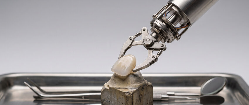 The fine mechanical claws of a compact robotic stylus picking up a polished ceramic veneer crown