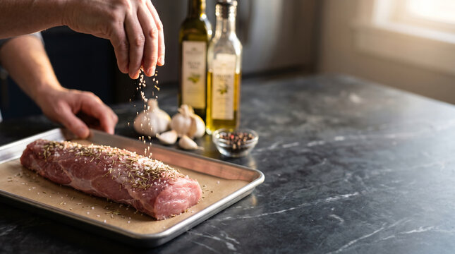 Home cook's hands seasoning a large raw pork tenderloin resting