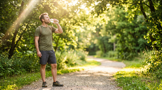 Man pausing during a walk along a scenic park path on a warm summer day to drink cold water