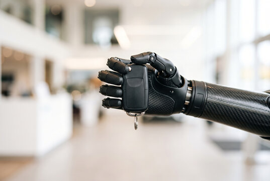 Close-up of a modern, prosthetic hand holding a car key fob with a simple, secure grip