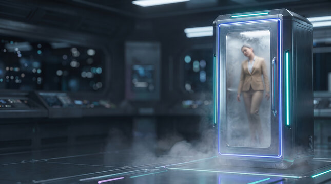 Futuristic high-tech cryo-chamber refrigerator with glowing blue LED strips