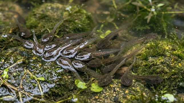 Group of black tadpoles swimming clustered on green mossy rock underwater in murky pond, transparent spotted tails, round eyes, wild amphibian life nature