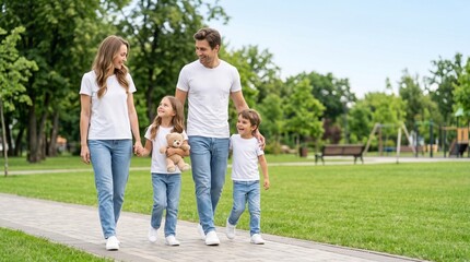Fototapeta premium Caucasian family walking together with teddy bear through sunny green park in summer