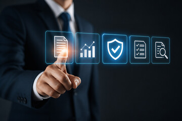 Obraz premium A businessman in a suit points at a series of glowing digital icons representing documents, analytics, security, checklists, and search.