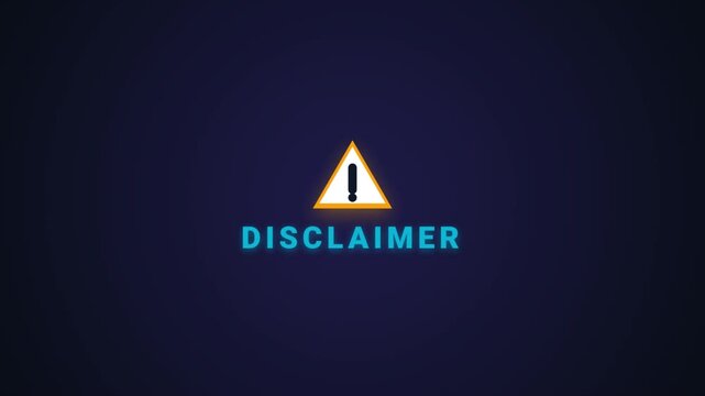Disclaimer text with a yellow warning triangle sign featuring an exclamation mark on a dark blue background representing legal notice and safety information