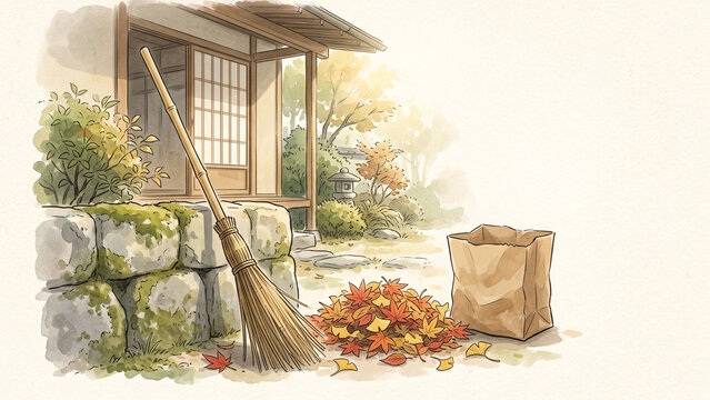 Watercolor Illustration of Autumn Leaves and Bamboo Broom in a Japanese Garden