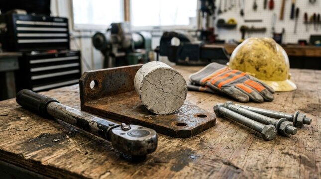 Bridge maintenance tools with anchor bolts, steel gusset plate, cracked concrete core, hard hat, and safety gloves
