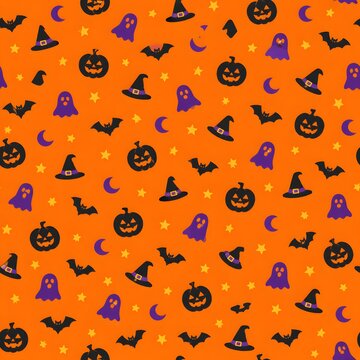 Halloween seamless pattern with pumpkins ghosts bats and witch hats on orange background