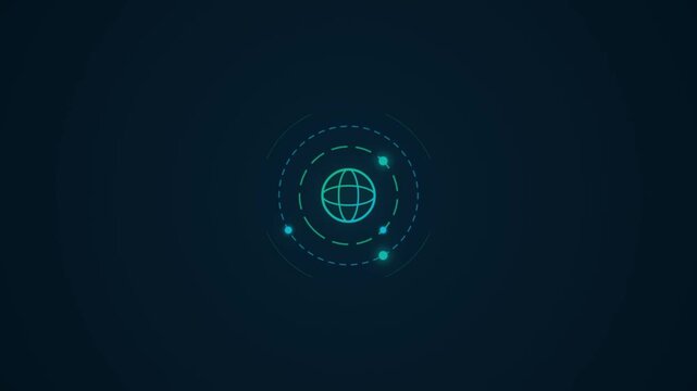 Glowing digital globe icon with orbiting points on a dark blue background representing global communication and technology connectivity