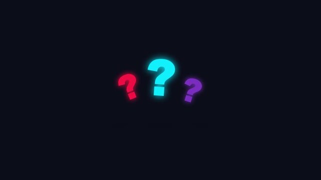 Three colorful glowing neon question marks on a dark background representing uncertainty and mystery