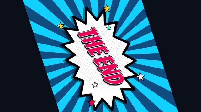 The end comic book style text sign with red letters on a white speech bubble with blue ray background for cinema movie finale or story conclusion graphic illustration